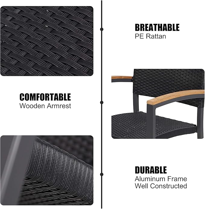 TRY & DO Patio Dining Chairs Set of 4,Outdoor Wicker Stackable Dining Chairs with Wooden Armrest PE Rattan Aluminum Frame Patio Furniture Sets for Garden, Balcony, Lawn and Indoors