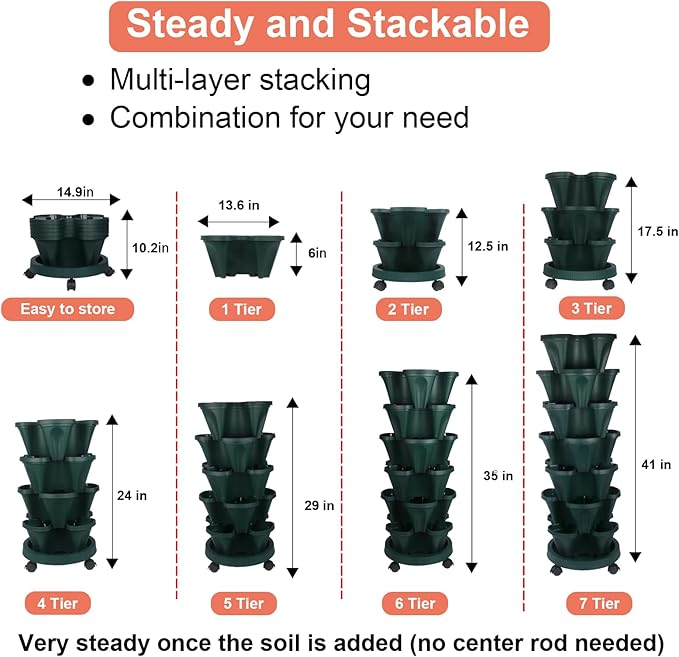 Vertical Planter 7 Tier Stackable Planters Garden Planters Strawberry Herb Flower and Vegetable Planter Indoor Outdoor Gardening Pots with Removable Wheels and Tools