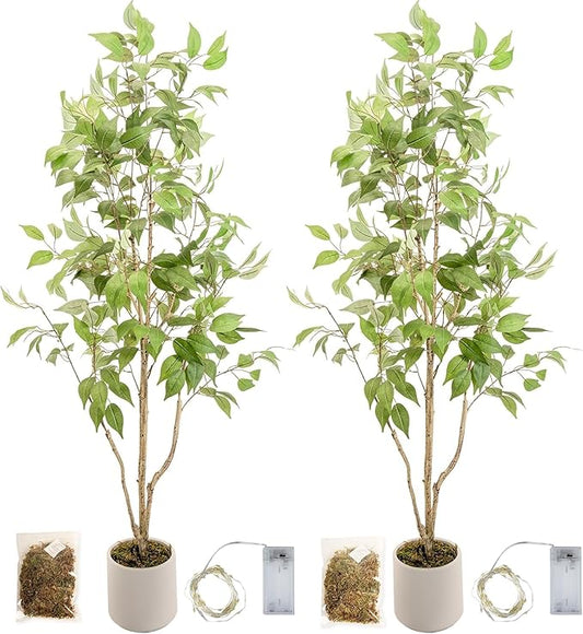 Artificial Fake Ficus Tree 5FT Tall 2Pack with String Lights & White Planter & Free Moss, Artificial Plants Indoor, Artificial Trees for Home Decor Indoor, Faux Ficus Tree