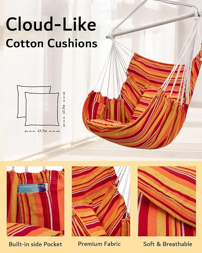 ADVOKAIR Hammock Chair Hanging Chair Swing Large Indoor with Anti-Slip Steel Spread Bar and Pocket-Max 500lbs-2 Cushions, Perfect for Bedroom,Outdoor,Patio, Porch,Backyard…