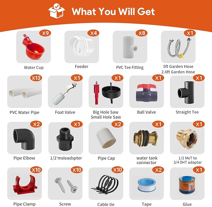 68 Accessories Complete Set Pipeline Automatic DIY Chicken Waterer Feeder System,with Chicken Water Cups, Poultry Feeder,Ports Hole Saw,PVC Pipeline,Float Valve and Garden Hose,Glue,Tape.