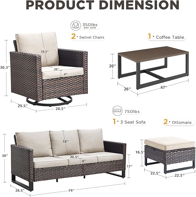 6 Pieces Patio Furniture Set-All Weather Outdoor Swivel Rocker Patio Chairs with 3-Seat Section Couch and Rattan Coffee Table Outdoor Conversation Sets for Garden Backyard Deck(Brown/Beige)