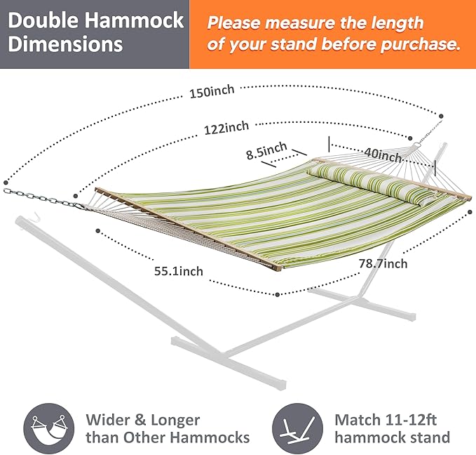 SUNCREAT Hammock 2 Person Heavy Duty, Double Hammocks for Trees, 2 Person Hammock with Spreader Bar, Green&Beige