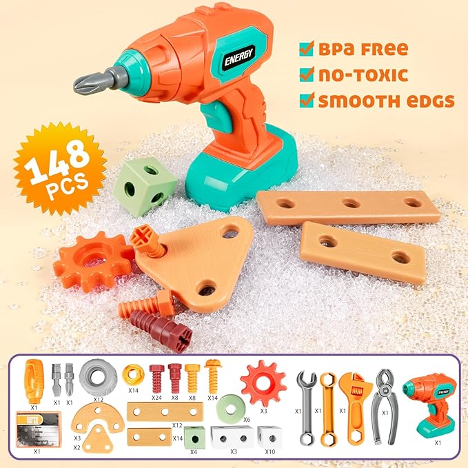 Kids Tool Set with Drill, 148 PCS STEM Building Tools with Storage Box Plastic Todder Tool Set for Boys and Girls Age 3 4 5 6 7 8 Years