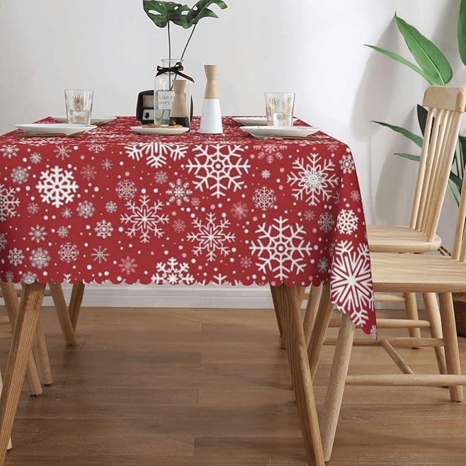 Christmas Snowflake Tablecloth for Dining Tables, Reusable Red White Snowflakes Table Cloths Tabletop Decoration Winter Holiday Xmas Rectangle Table Cover for Home,Kitchen,Party,54x72 Inch
