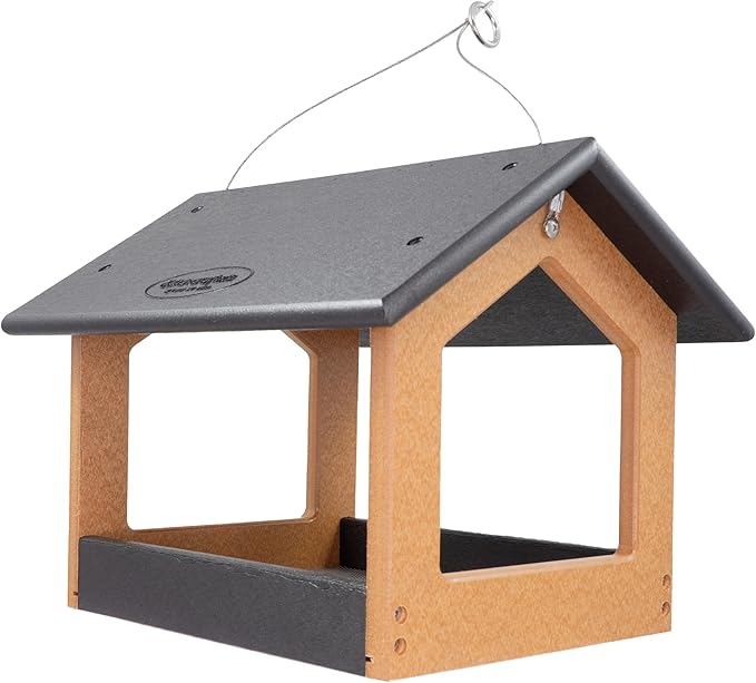 DutchCrafters Amish USA Made Recycled Plastic Large Hanging Modern Fly Through Covered Roof Open Platform Tray Bird Feeder for Outdoors, Garden, Yard (Black & Bright Cedar)