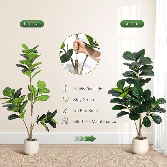 4FT Fiddle Leaf Fig Tree Artificial with 48 Leaves - Realistic Faux Ficus Lyrata Trees in 7.8" White Planter Pot, Indoor Fake Floor Plants for Home Office Living Room Decor, Housewarming Gift