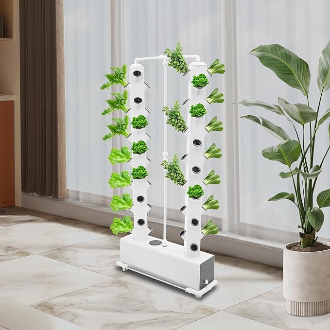 56-Hole Hydroponic Growing Kit Vertical - 8Gal Auto Watering System w/Timer, 4 Wheels for Indoor/Outdoor | Grow Lettuce, Strawberries, Tomatoes