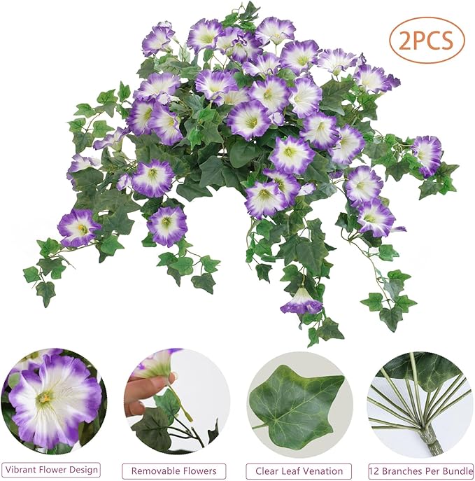 Artificial Fake Flowers Plants for Outdoor Decoration, 2PCS Faux Petunias Silk Plants UV Resistant Realistic Porch Garden Balcony Decor, Fake Flowers for Outdoor Planters Home Decor(Pure purple)