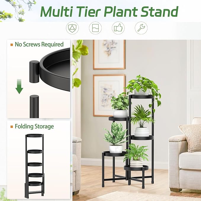 iDavosic.ly Plant Stand with Garden Tools, 5 Tier Corner Metal Flower Display Holder Shelf Indoor Outdoor, Folding Tall Orchid Rack for Patio Balcony Porch Living Room House, Black