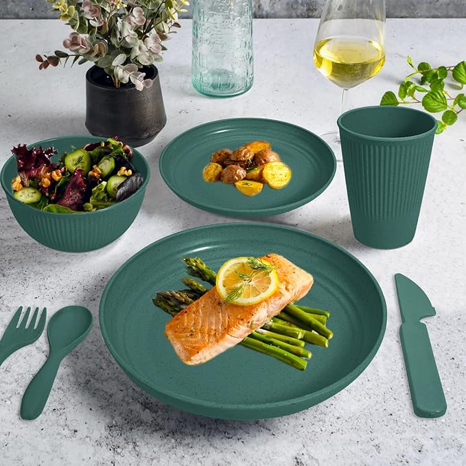Wheat Straw Dinnerware Sets for 6 (42pcs), SGAOFIEE Plastic Plates and Bowls Sets, Dinner Plates, Pasta Bowls, Cereal Bowls, Microwave Dishwasher Safe Plates and Bowls Sets, Camping Dishes, Green