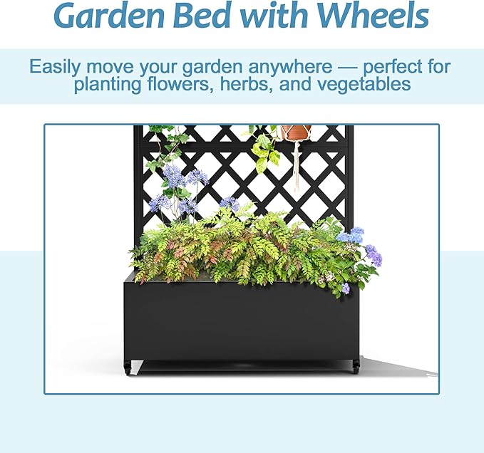 Metal Planter Box with Trellis & Wheels, Raised Garden Bed with Privacy Screen, Outdoor Standing Flower Beds with Drainage Hole for Climbing Plants, Vine, 35.4" L x 15.7" W x 70.9" H, Black