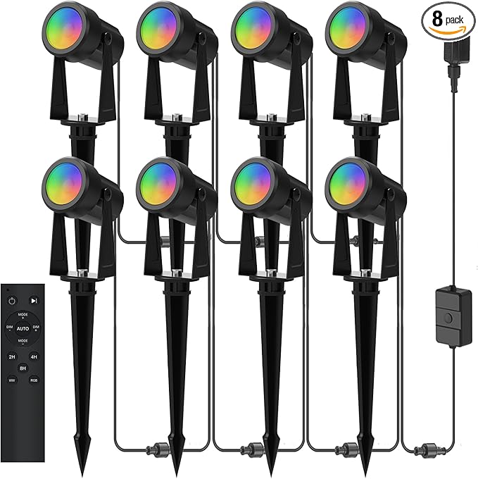 Banord RGBW Color Changing Outdoor Landscape Lighting, 8 Pack Low Voltage LED Outdoor Spotlight with Remote, IP65 Waterproof for Yard, Garden, Lawn