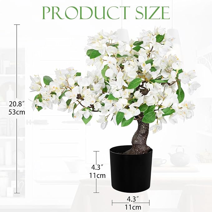 Briful Artificial Bougainvillea Flower Plant 20.8" Bougainvillea Bonsai Tree with Black Pot Silk Bougainvillea Floral Centerpiece for Home Office Room Table Shelf Mantle Decor(White)