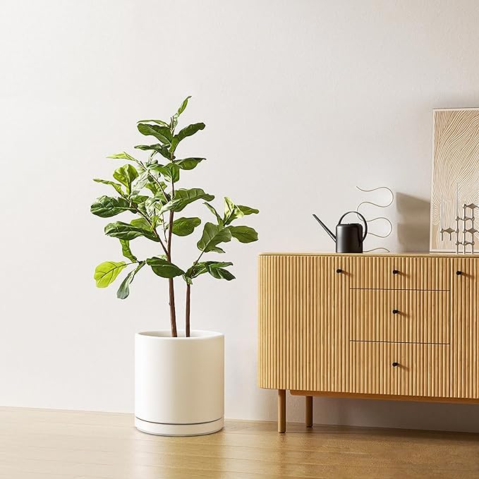 Kazeila 12 Inches Ceramic Planter Pot - Saucer and Drainage Hole - Full Glazed - Matte White