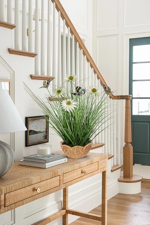 Artificial Plants Indoor with Pot, 17.3" Fake Potted Plants Artificial Onion Grass Plant with White Daisies Flowers and Butterflies Small Faux Plant Indoor for Home Living Room Table Shelf Decor