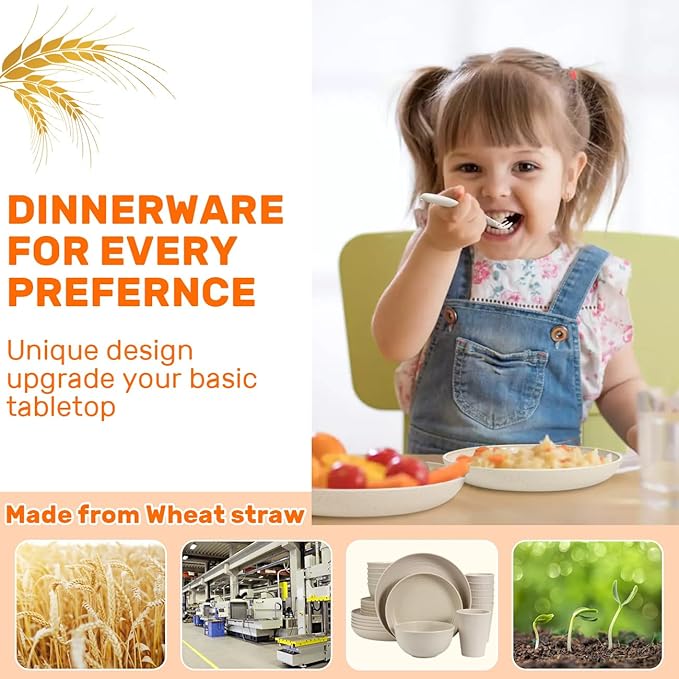 Wheat Straw Dinnerware Sets for 6 (42pcs), SGAOFIEE Unbreakable Dinnerware Set, Kitchen Plates and Bowls Set, Unbreakable Plastic Outdoor Camping Dishes, Dishwasher Microwave Safe, Beige White