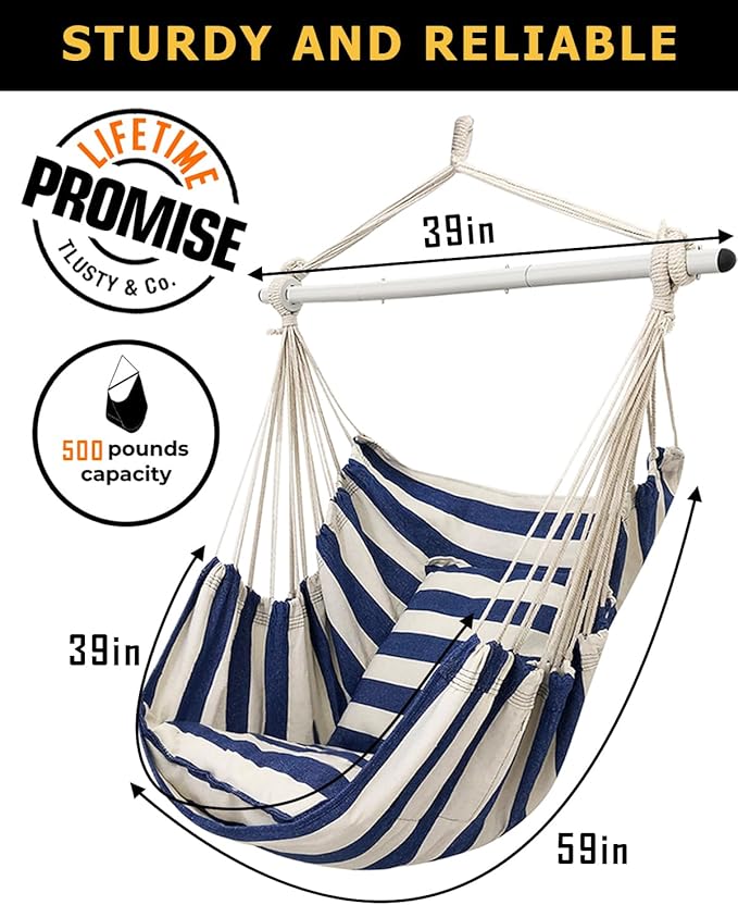 ADVOKAIR Hammock Chair Hanging Chair Swing Large Indoor with Anti-Slip Steel Spread Bar and Pocket-Max 500lbs-2 Cushions, Perfect for Bedroom,Outdoor,Patio, Porch,Backyard…