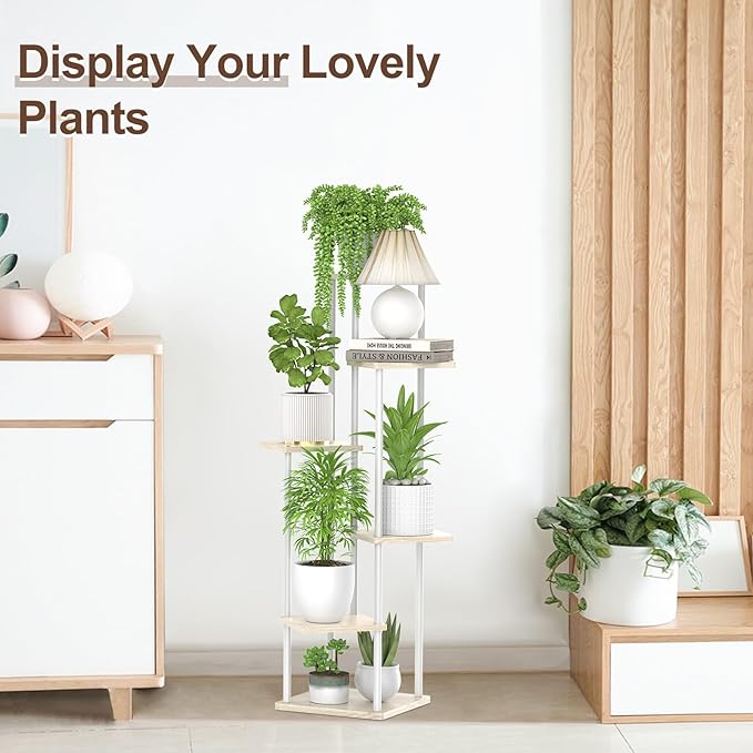 6 Tier Tall Plant Stand Indoor, Large Metal Wood Muti Level Vertical Planter Shelf Orchid Holder for Narrow Corner, Sturdy Heavy Duty Flower Display Rack for House Decor Living Room Bedroom, White