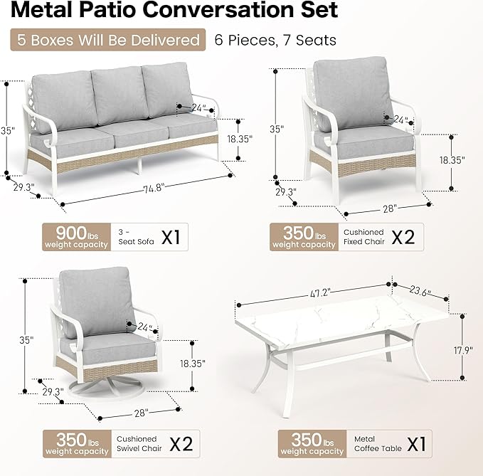 6 Piece Metal Outdoor Patio Furniture Set, Patio Conversation Set 1 3-Seater Couch, 2 Fixed Sofa, 2 Swivel Sofa with 5.75" Thick Cushion and Coffee Table White Backyard Furniture, Gray