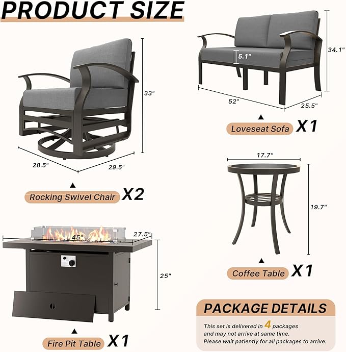 Kurapika Aluminum Patio Furniture Set 4-Seat Modern Metal Outdoor Conversation Sets w/45in Propane Fire Pit Table, Loveseat Sofa,Swivel Rocking Chairs w/5.1 Inch Cushion, Grey