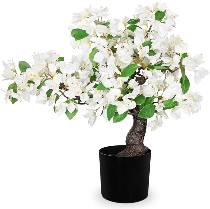 Briful Artificial Bougainvillea Flower Plant 20.8" Bougainvillea Bonsai Tree with Black Pot Silk Bougainvillea Floral Centerpiece for Home Office Room Table Shelf Mantle Decor(White)