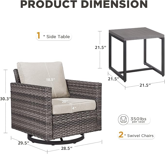 Outdoor Swivel Rocker Patio Chairs-3 Pieces Wicker Swivel Patio Chairs Set of 2 with Matching Side Table, Thick Cushions High Back Outdoor Furniture Set for Deck Porch Balcony(Grey/Beige)