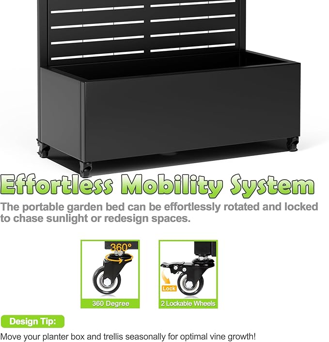 15.7"×70.9"×35.4" Metal Raised Garden Bed with Trellis and Wheels - Tall Trellis Planter Box for Climbing Plants, Vegetables & Vines - Outdoor Privacy Planters for Patio (Black-Louvered)