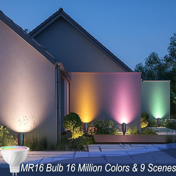 Remote Control RGB Color Changing Landscape Lighting,Low Voltage Spotlights,IP65 Waterproof Uplights for Yard,Heavy Duty Accent Fixtures, Double White MR16 Light Bulbs Included 5W 2700K