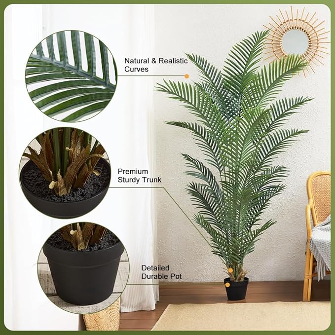 Artificial Palm Tree, 6FT Tall Fake Palm Trees with UV Resistant Leaves, Potted Faux Areca Palm Plant for Indoor Outdoor, Large Floor Plants for Home Living Room Porch Decor, VN125