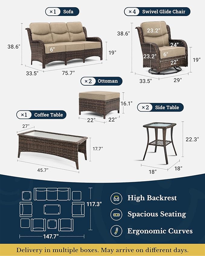 HILLGA Luxury Patio Furniture Set with 6-inch Thick Cushion, Outdoor Couch and High Back Swivel Rocker Patio Chairs, 10PCS Wicker Conversation Set for Deck Yard and Poolside, Beige (V2)