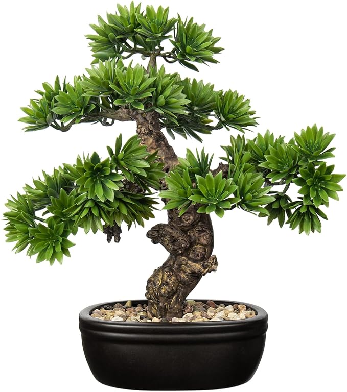 Fake Bonsai Tree Small Bonsai Plant 15.7” Tall Artificial Bonsai Trees with Black Pot Decorated with Pebbles Desk Plant Indoor Bonsai for Home Office Decor