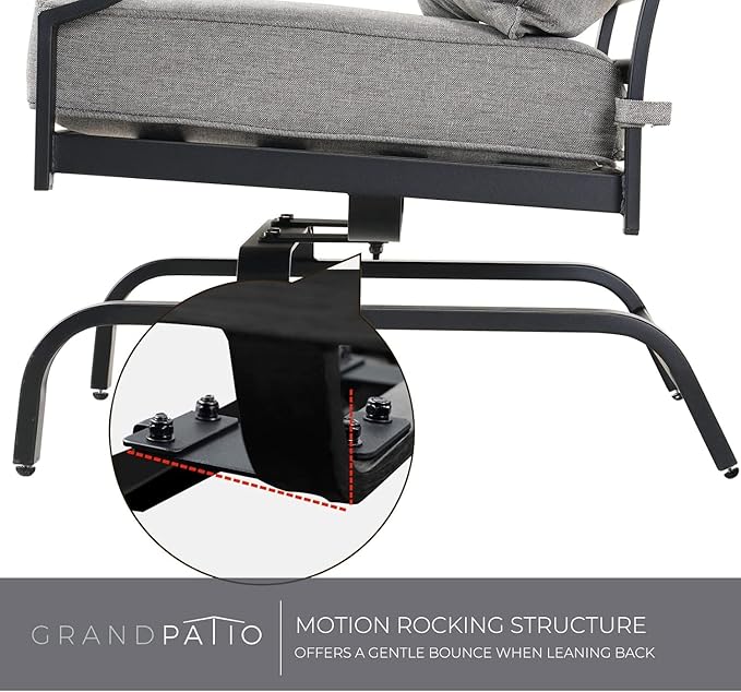 Grand patio 3-Piece Furniture Seating Motion Chairs Set Outdoor Bistro Set Patio Conversation Sets Glider Rocking Chair with Comfortable Gray Cushions Square Coffee Table for Garden Lawn & Poolside