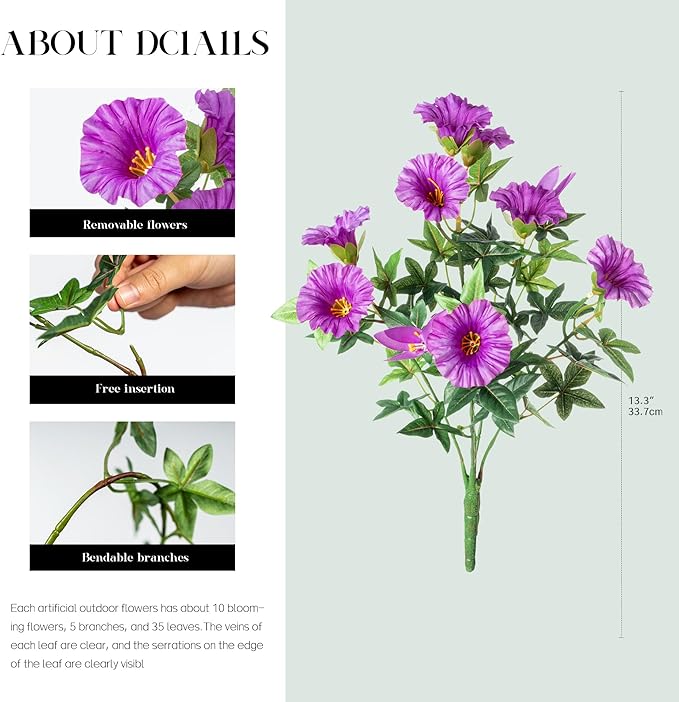 UV Resistant Artificial Petunias 4PCS Fake Flowers 13.3In Artificial Flowers for Outdoors Silk Flowers Fake Hanging Basket Plants Suitable for Outdoor Porch Decor Patio Decor, Dark Purple