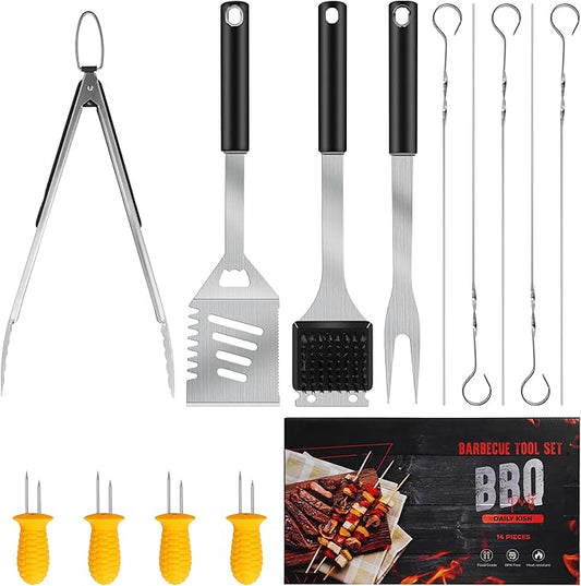 Grill Accessories Kit, Stainless Steel Grill Tool Set with 4-in-1 BBQ Spatula, Fork, Tong, Brush, Skewers, Silicone Corn Holders, Grilling Gift Set for Men and Women