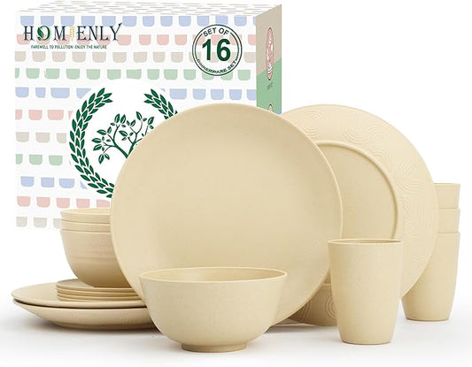 Homienly Premium Wheat Straw Dinnerware Sets, Lightweight & Unbreakable Plates and Bowls Sets,Cups,Service for 4,Dishwasher and Microwave Safe 16 PCS Dish Sets for Home，Camping- Beige