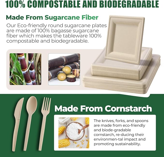 300Pcs Disposable Paper Plates Set, Compostable Plate Sugarcane Utensils Eco Friendly Dinnerware Kit Includes 50 Biodegradable Plates, Forks, Knives Napkins and Spoons for Brithday Party Camping