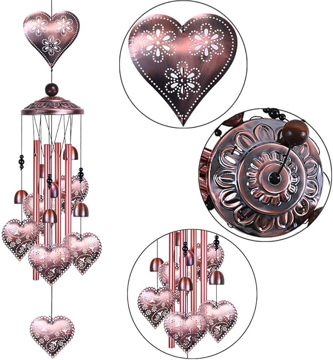 Loving Heart Wind Chimes Outdoor Indoor Decor - with 4 Aluminum Tubes 6 Bells 7 Hearts Mobile Romantic Wind Catcher Heart Shaped Windchimes for Home, Mom Gifts, Balcony, Festival, Garden Decoration