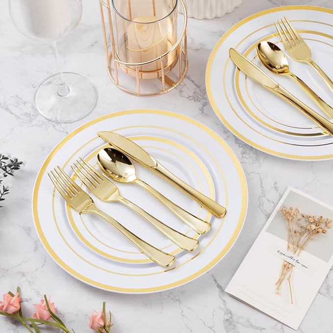 BESTVIP 60PCS Gold Plastic Silverware, Disposable Utensils, Heavy Duty Cutlery Set of 30 Forks, 15 Spoons, 15 Knives for Christmas, Party, Weddings, Catering and Daily Use