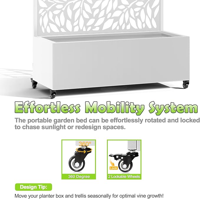 15.7"×70.9"×35.4" Metal Raised Garden Bed with Trellis and Wheels - Tall Trellis Planter Box for Climbing Plants, Vegetables & Vines - Outdoor Privacy Planters for Patio (White)