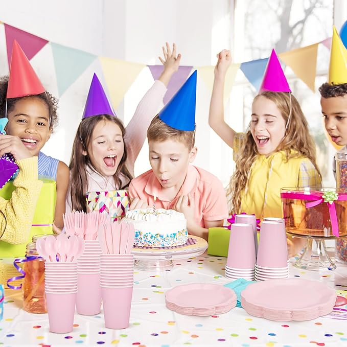 350 Pcs Light Pink Party Supplies Include Scalloped Plate Napkin Cup Forks Knives, Plastic Cutlery 50 Guest Disposable Party Tableware Set for Wedding Baby Shower Bridal Shower Birthday Parties