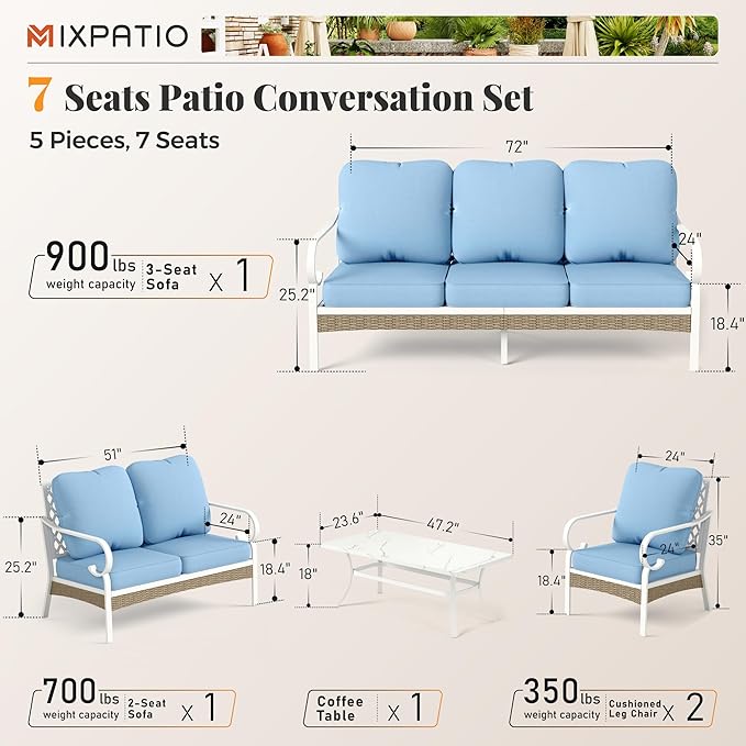 5 Piece Patio Furniture Set, 2 x Fixed Chair, 1 x 2-Seat Sofa, 1 x 3-Seat Sofa with Marbling Coffee Table, All Cushioned 7 Seats Outdoor Conversation Set for Lawn Garden Backyard, Blue