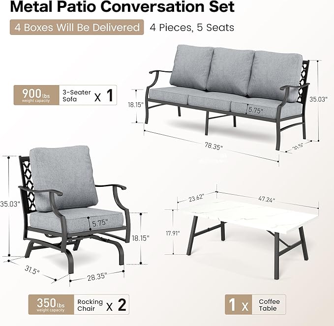 4 Piece Metal Outdoor Patio Furniture Set, Patio Conversation Set 1 3-seater Sofa, 2 Rocking Chair with 5.75" Extra Thick Cushion and Coffee Table, Black Frame Backyard Furniture, Gray