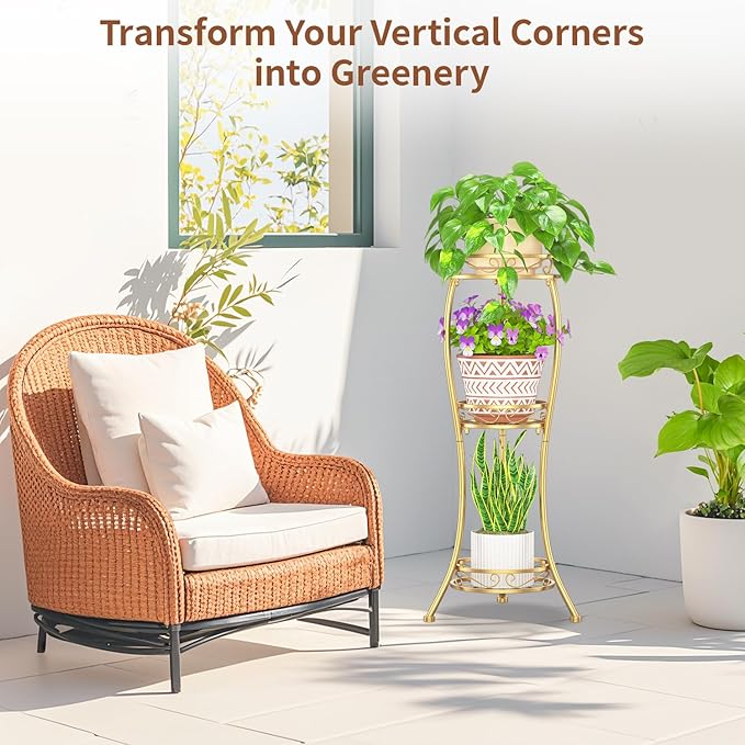 LASZOLA Gold 3 Tier Tall Plant Stand for Indoor Outdoor, Large Multiple Level Flower Planter Holder Organizer Rack for Patio Office Bathroom Corner Floor, Sturdy Heavy Duty Metal, Vertical Display