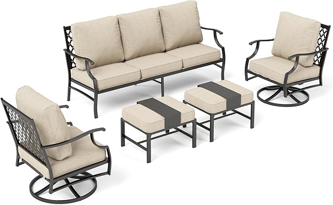 Patio Furniture Set, Modern Metal Outdoor Patio Furniture, 3 Seater Sofa, 2 Swivel Chairs, 2 Ottomans and 5.75" Extra Thick Cushion, Patio Conversation Set for Garden Backyard Deck