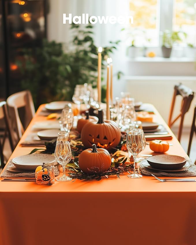 Pureegg Plastic Table Cloth Disposable 8 Pack, 54 x 108 Inch Table Cloths, Halloween Party, Thanksgiving Decorations, Harvest, Fall Tablecloths, Rectangle Tables, Leakproof & Sturdy, Orange