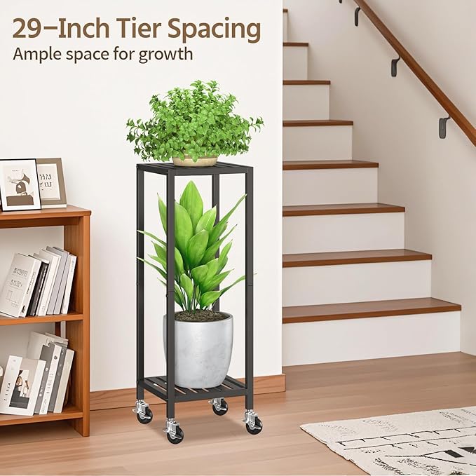 LASZOLA 2 Tier Black Metal Plant Stand Indoor Outdoor with Wheel for Large Planter, Modern Heavy Duty Tall Rolling Rack for Corner House Bathroom Patio Floor, Iron Flower Shelf Holder for Orchid Fern