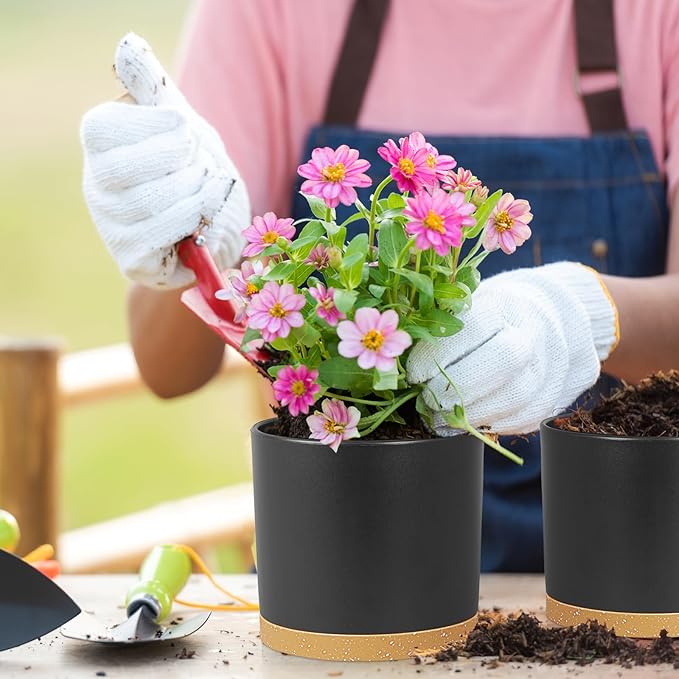 12/10/8 inch Large Plant Pots, 3 Pack Tall Deep Cylinder Flower Pots for Outdoor Indoor Plants, Plastic Planters with Drainage Holes and Saucers for Garden House Plants, Black with Brown