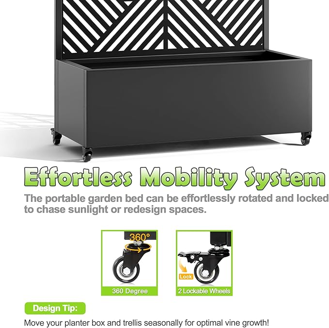 15.7"×70.9"×35.4" Metal Raised Garden Bed with Trellis and Wheels - Tall Trellis Planter Box for Climbing Plants, Vegetables & Vines - Outdoor Privacy Planters for Patio (Black-Zodiac)