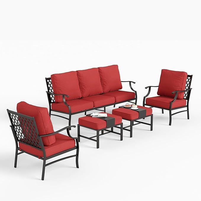 5 Piece Metal Outdoor Patio Furniture Set, Patio Conversation Sets 1 3-Seater Sofa, 2 Fixed Chair, 2 Ottomans with 5.75" Thick Cushion, Black All-Weather Frame Backyard Furniture, Red